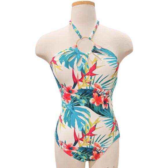 Vince Camuto Logo Ring Halter One Piece Swimsuit - Balines Floral Size 12 NWT - Picture 2 of 8
